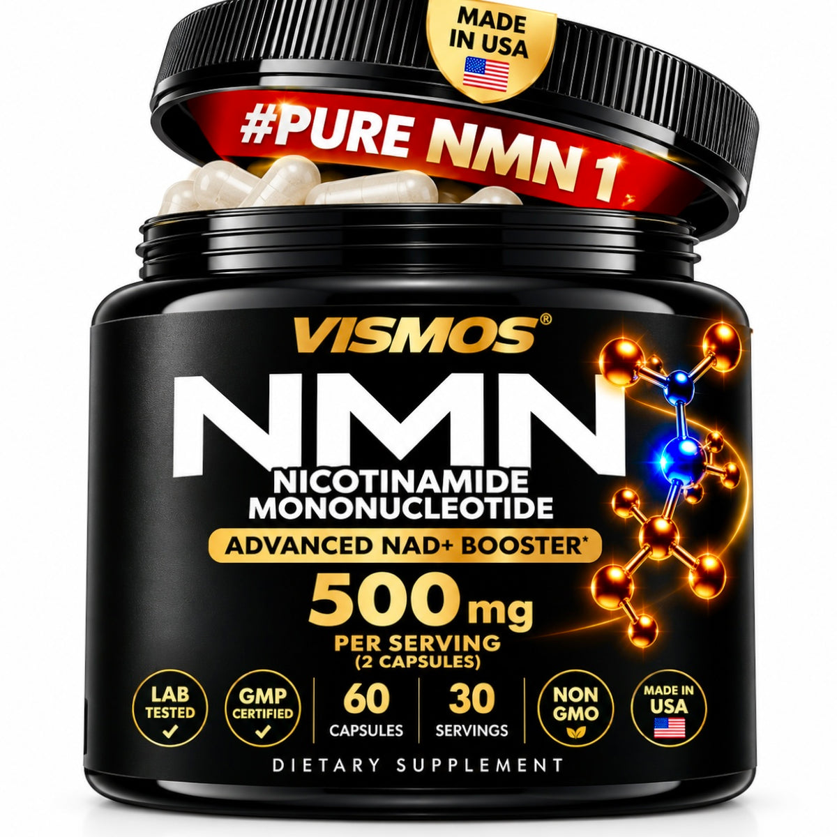 PURE NMN Supplement 500mg, NAD+ Support, Nicotinamide Mononucleotide