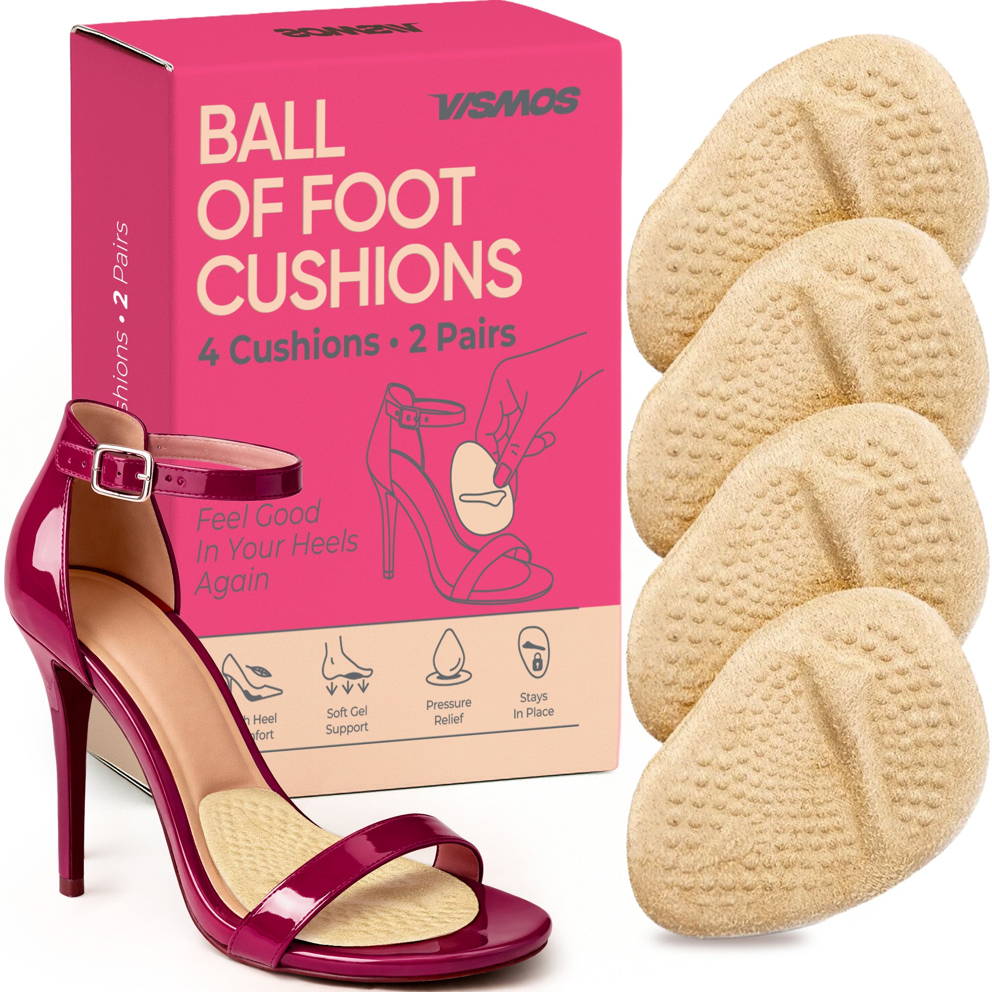 VISMOS 4 Original Metatarsal Pads for Women – Heel Inserts for Women – Ball of Foot Cushions – All Day Pain Relief & Comfort – One Size Fits Most Shoes (4 Pads / 2 Pairs)